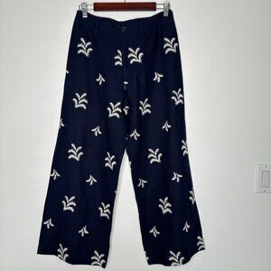 Elie Tahari Wide Leg Pants Size 6 Navy Blue Palm Embroidered Linen